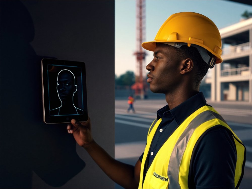 A construction worker verifying his face at a site clock-in terminal